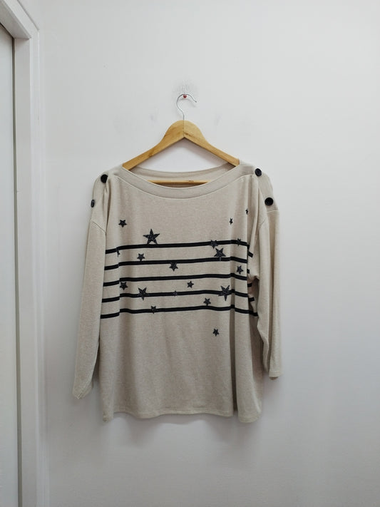 Pull fin manches 3/4 beige avec rayures et strass Taille XL