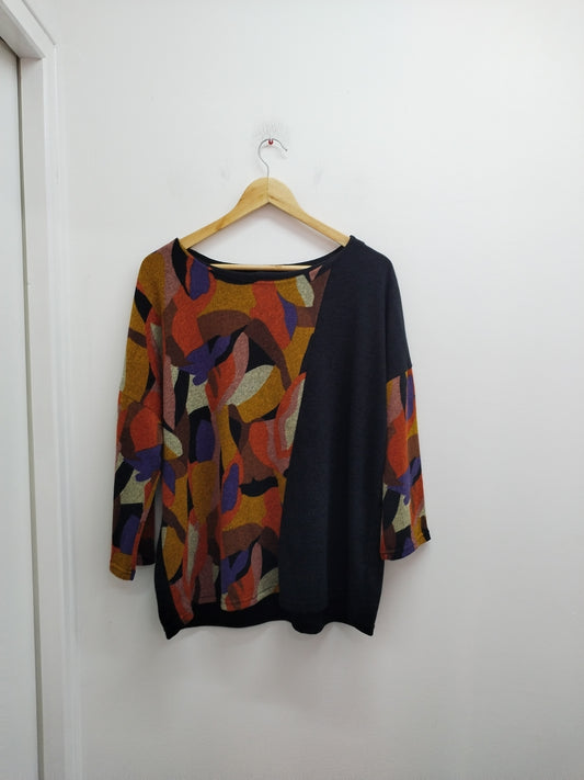 Pull fin manches 3/4 noir et imprimé Taille XL