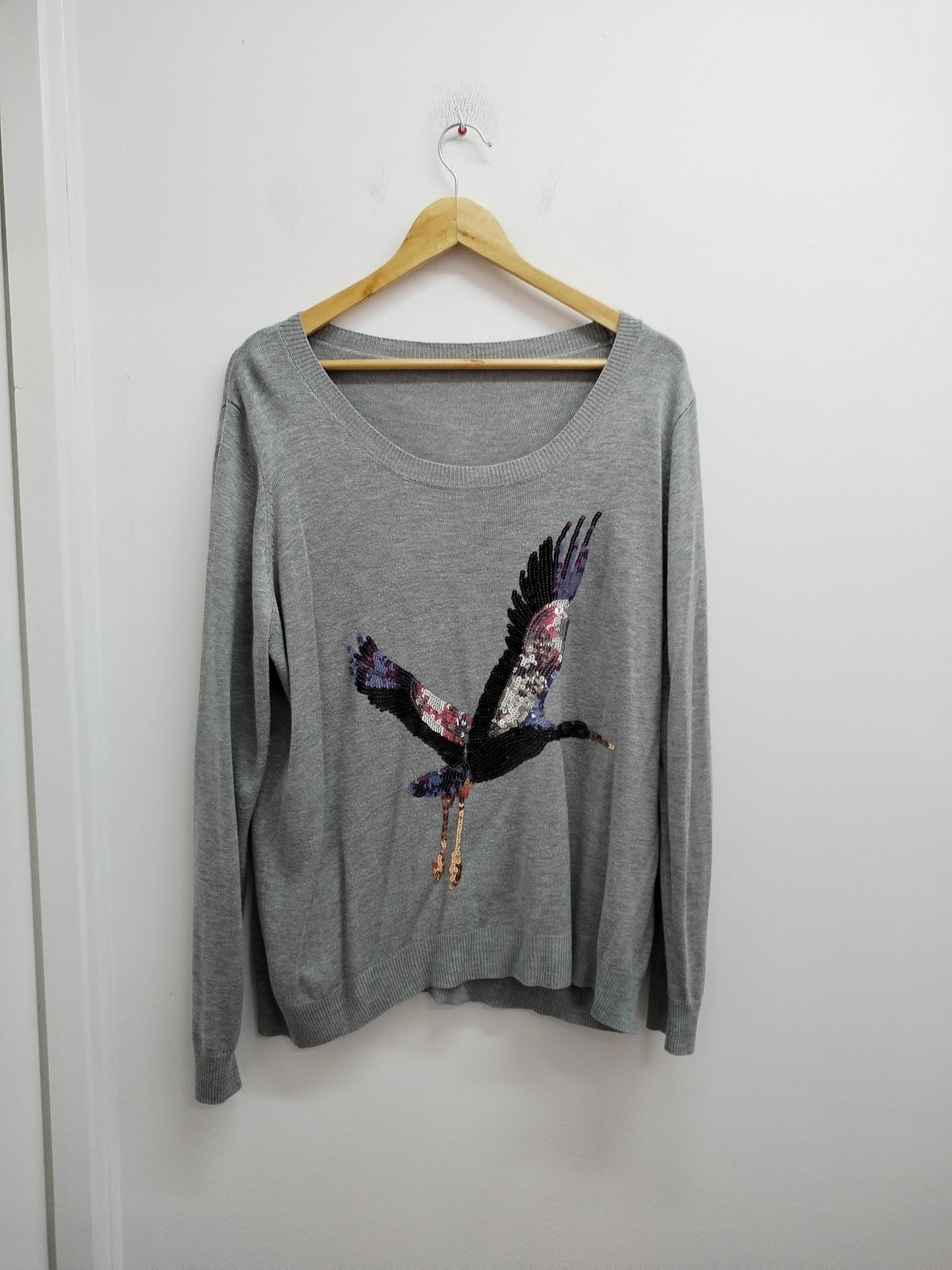 Pull fin gris avec sequins "cigogne" Taille XL