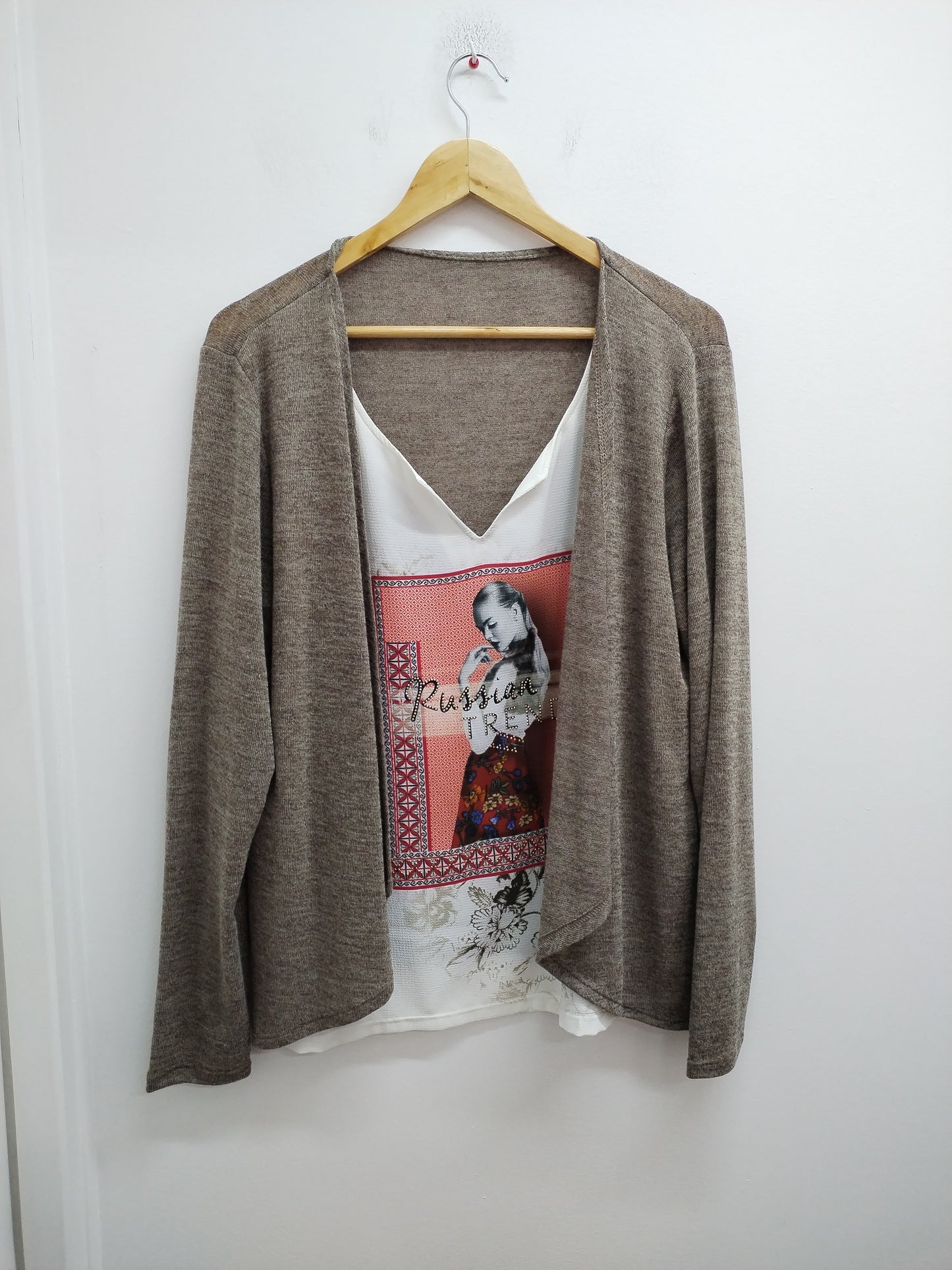 Pull tunique marron chiné et blanc avec impression Taille L