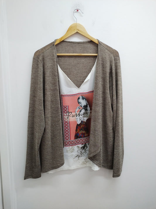 Pull tunique marron chiné et blanc avec impression Taille L