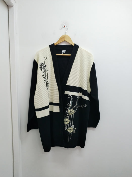 Gilet long Tagore noir et blanc cassé avec broderie Taille 2XL