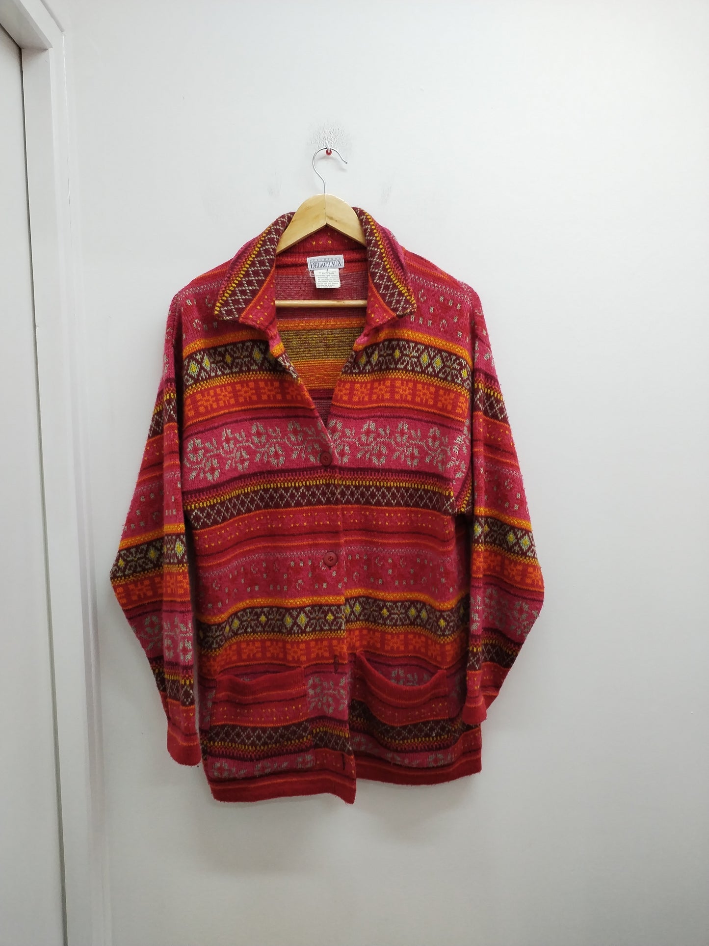 Gilet long Véronique Delachaux rose, rouge et orange à motifs Taille M