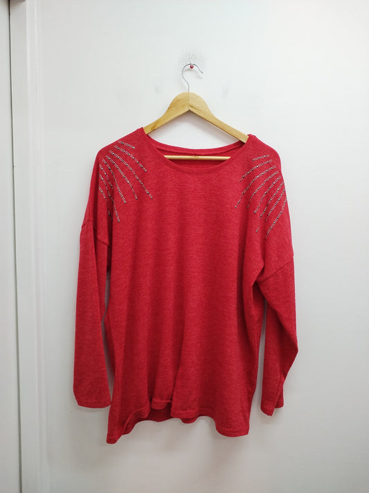 Pull fin rouge chiné avec strass Taille 2XL
