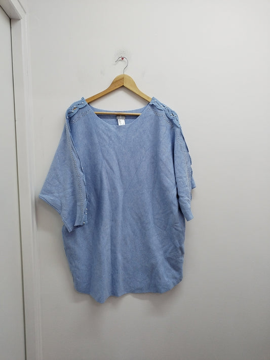 Pull manches courtes Fair Lady bleu clair avec strass et perles Taille 54