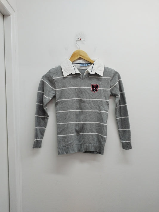Pull avec col chemise NKY gris rayé blanc Taille 10 Ans