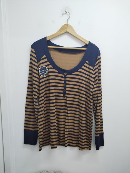 T-shirt manches longues rayé marine et marron Taille XL