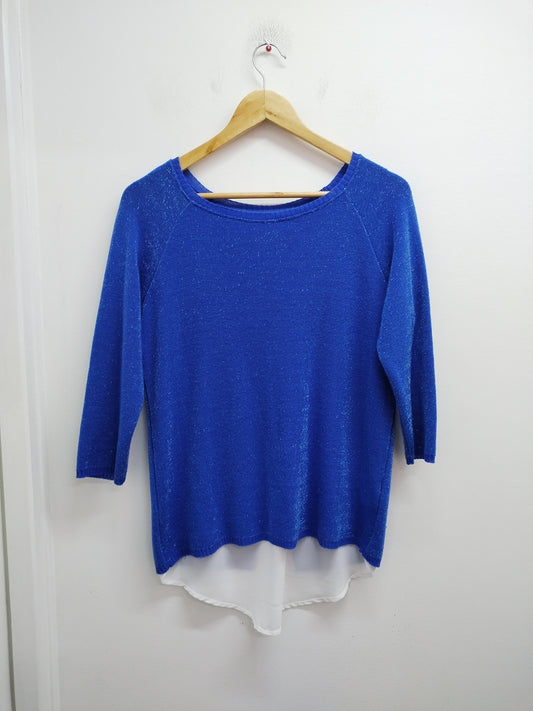 Pull fin Bréal manches 3/4 bleu brillant et blanc Taille M