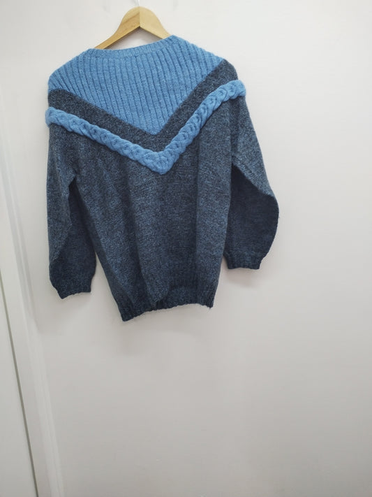 Pull en maille manches 3/4 bleu et gris chiné Taille L
