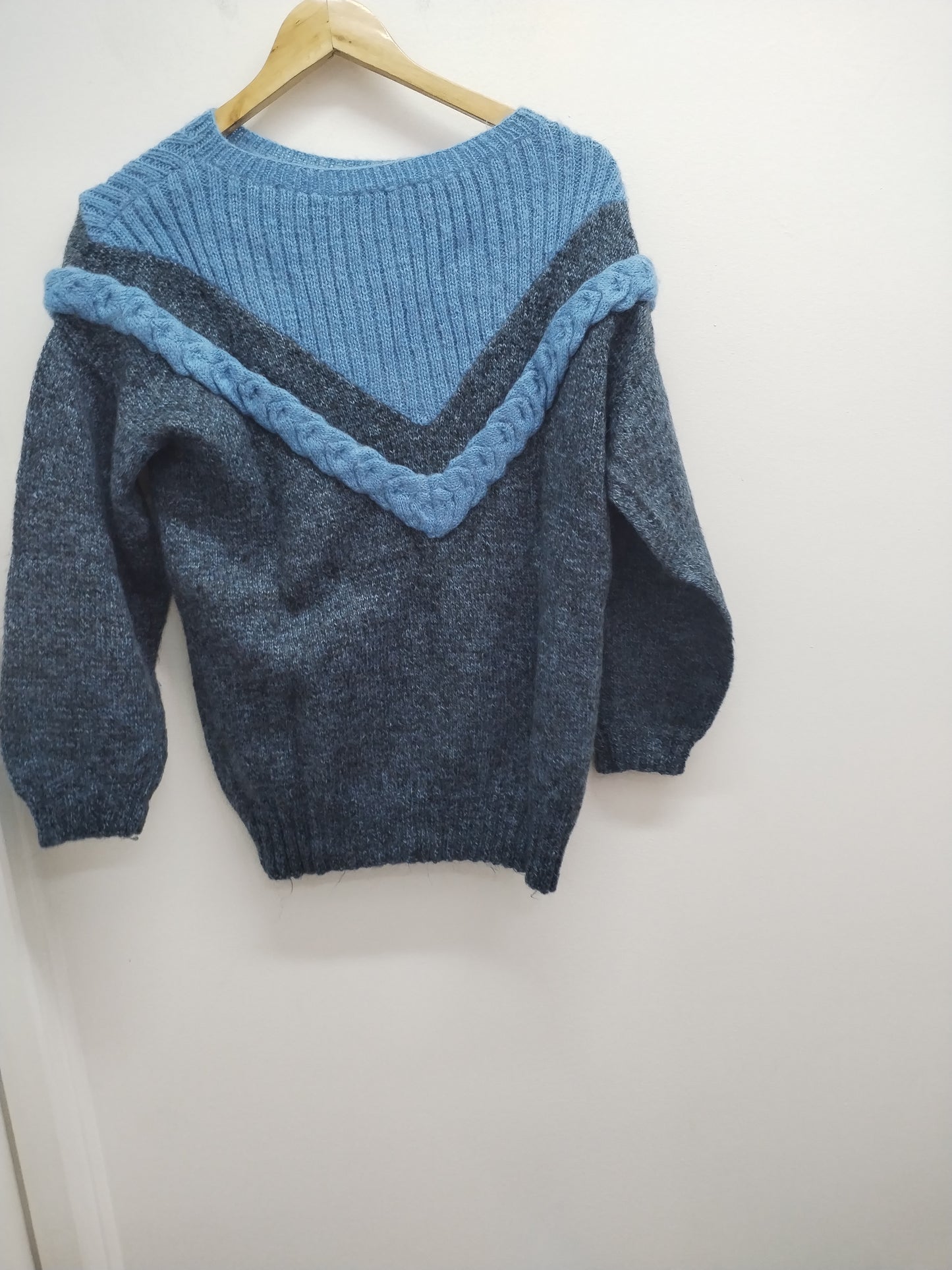 Pull en maille manches 3/4 bleu et gris chiné Taille L