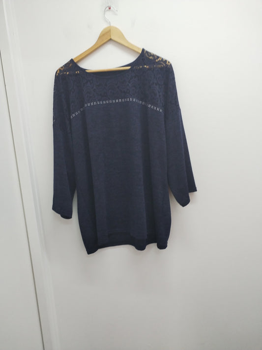 Pull fin manches 3/4 avec dentelle marine chiné Taille 2XL