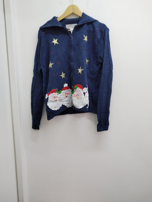 Gilet vintage zippé Tiara International marine chiné avec broderie Taille XL