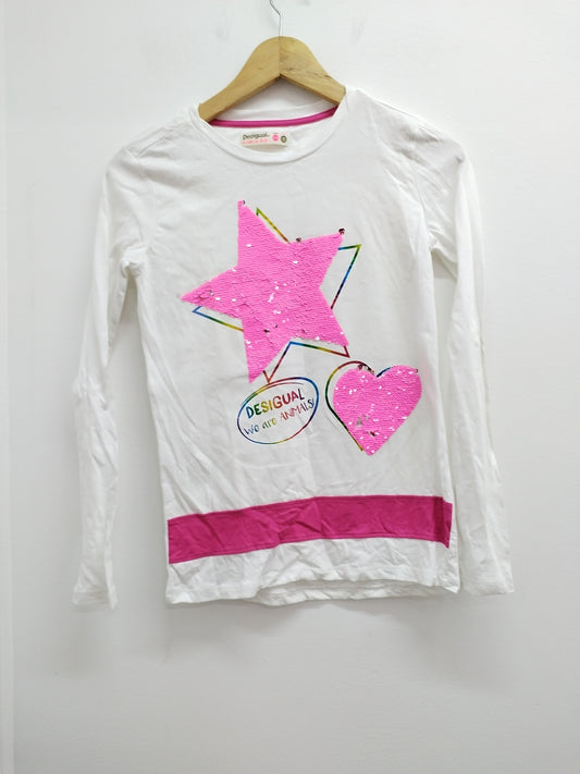 T-shirt manches longues Desigual blanc avec impression et sequins Taille 11/12 Ans