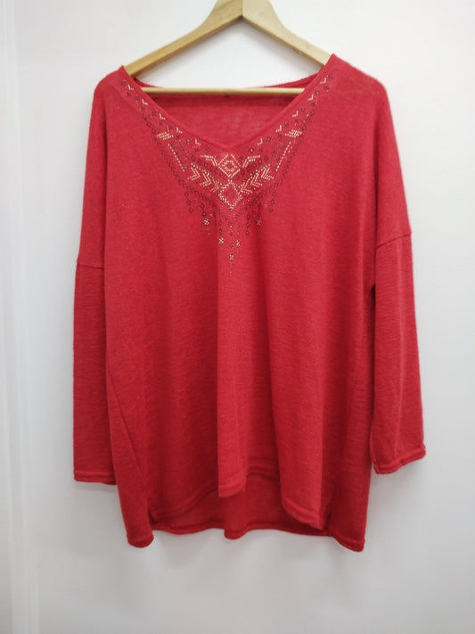 Pull fin manches 3/4 rouge avec strass Taille 3XL