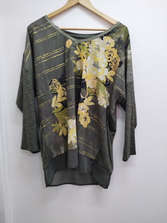 Tunique manches 3/4 kaki, jaune et doré Taille XL