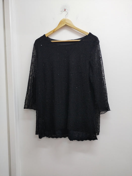 Pull manches 3/4 mailles ajourées noir avec sequins Taille L
