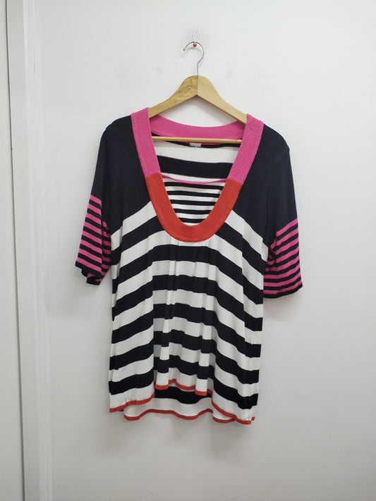 Pull manches courtes rayé noir, rose et blanc Taille M