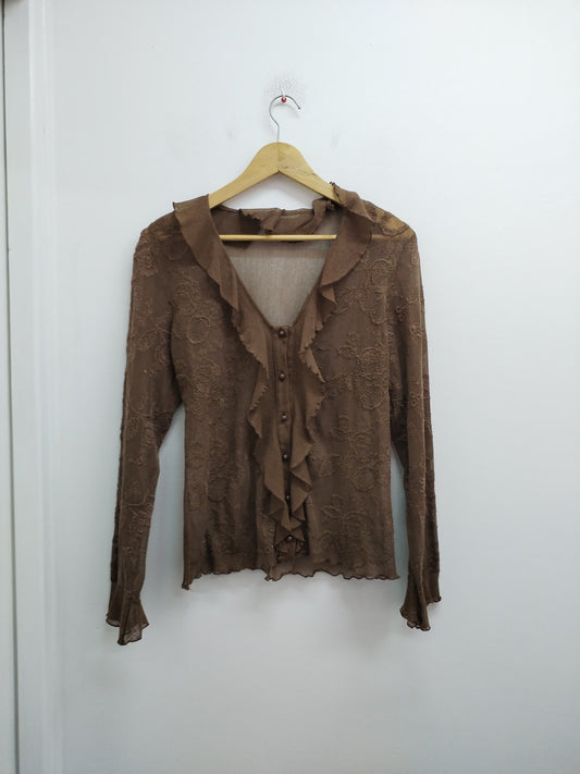Chemise mailles ajourées marron avec col et dentelle Taille M