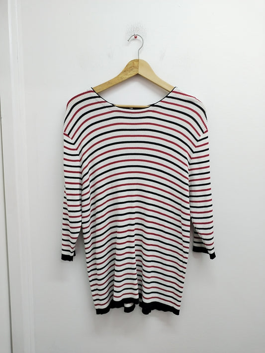 Pull manches 3/4 blanc rayé noir et rouge Taille L