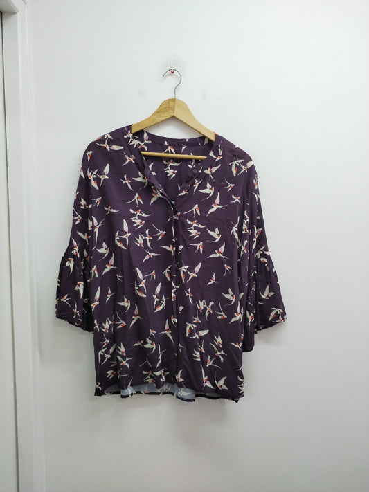 Chemise manches bouffantes 3/4 prune avec oiseaux Taille XL