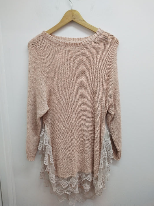 Pull tunique rose en maille avec dentelle Taille M