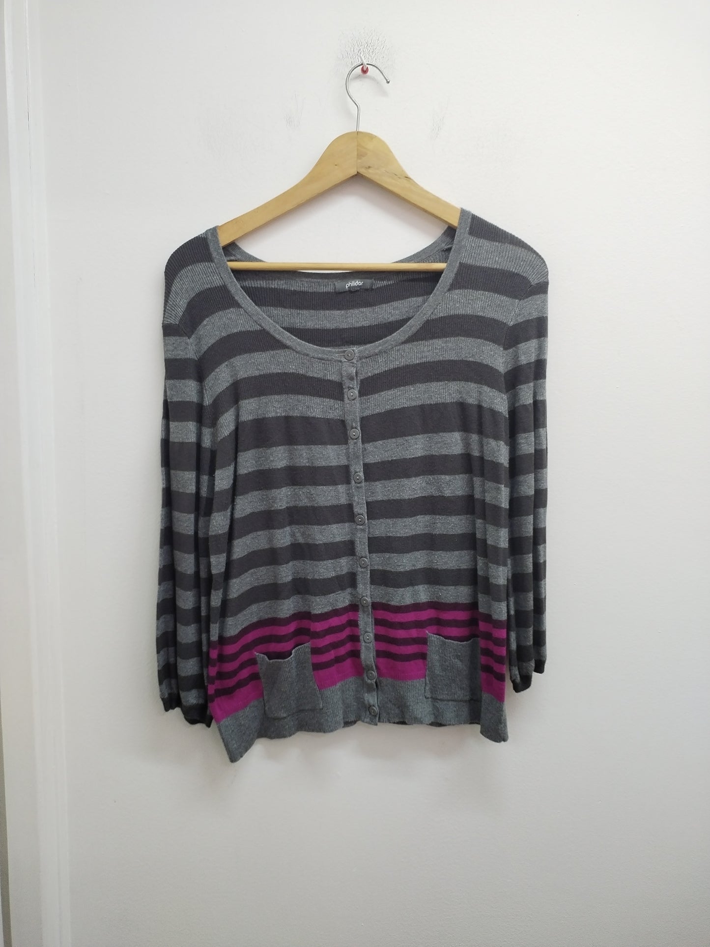 Gilet manches 3/4 Phildar rayé gris et rose Taille M