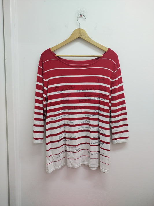 Pull fin manches 3/4 rayé rouge et blanc avec écriture Taille L
