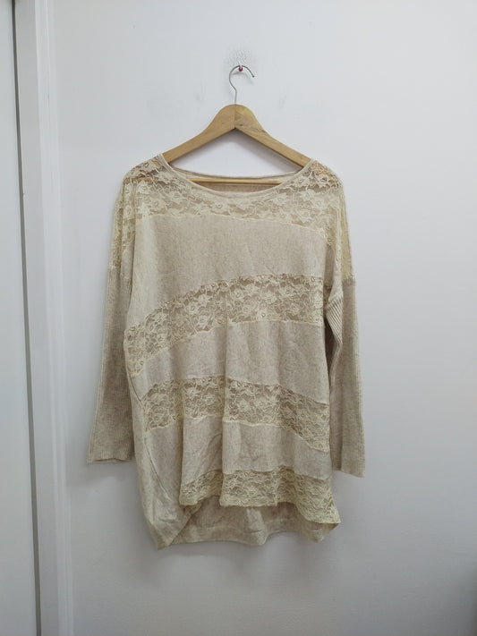 Pull fin  manches 3/4 avec dentelle beige Taille 2XL