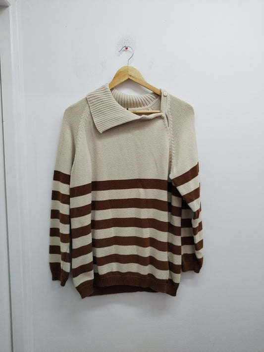 Pull avec col Yessica rayé marron et beige Taille L