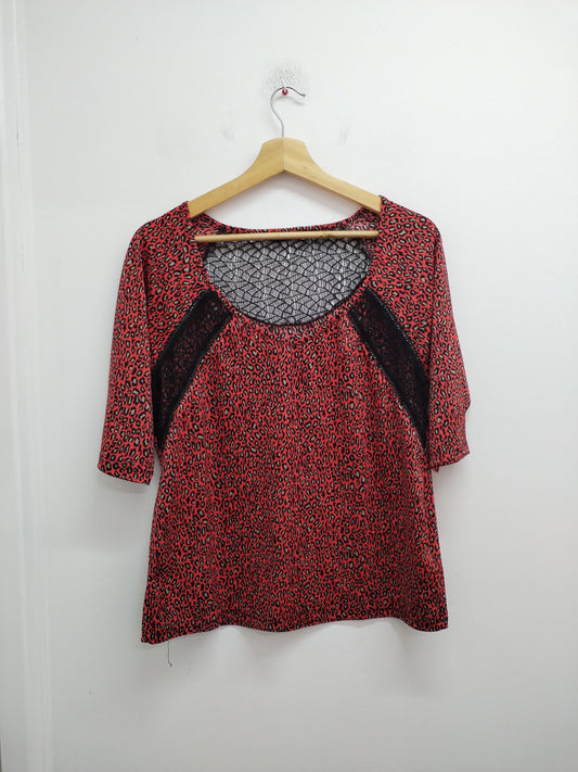 Tunique manches courtes Bréal rouge imprimé animal avec dentelle Taille L
