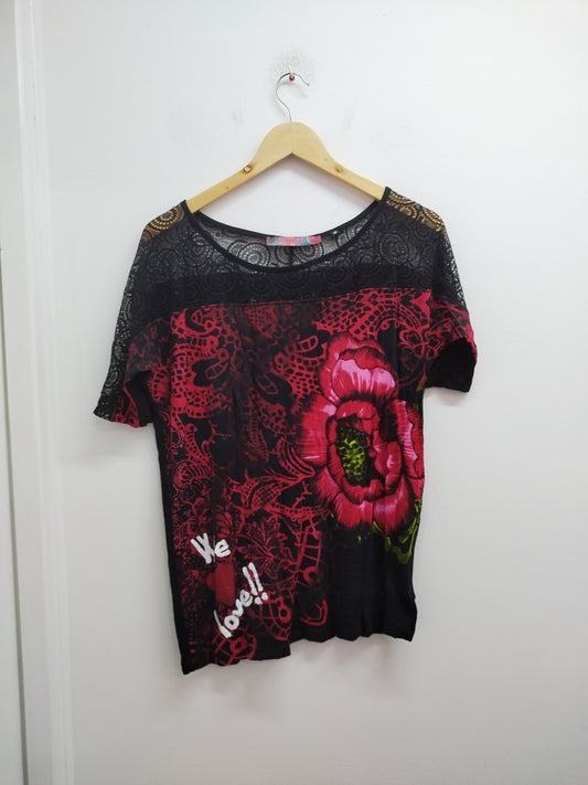 Tunique manches courtes Desigual noire imprimée avec dentelle Taille M
