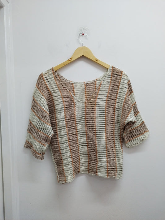 Pull manches 3/4 mailles ajourées beige et marron Taille S