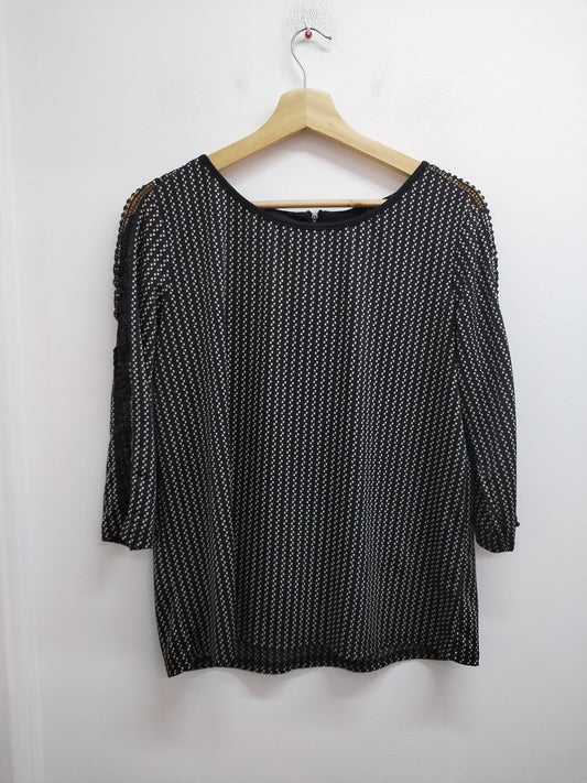 Tunique manches 3/4 noire à motifs blanc avec dentelle Taille L