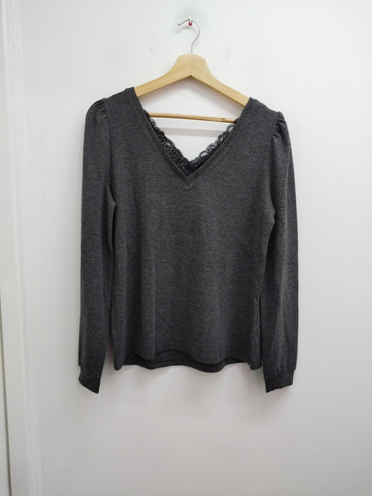 Pull fin col V avec dentelle Cache-Cache gris anthracite Taille M
