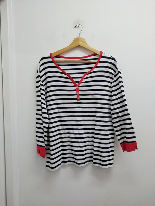T-shirt manches 3/4 rayé marine et blanc avec liseré rouge Taille XL