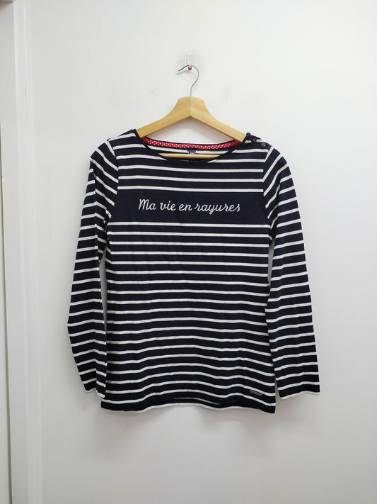T-shirt manches longues Terre de Marins rayé marine et blanc Taille M
