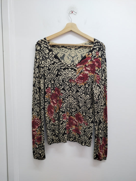 Pull fin beige et noir à motifs et fleuri Taille M