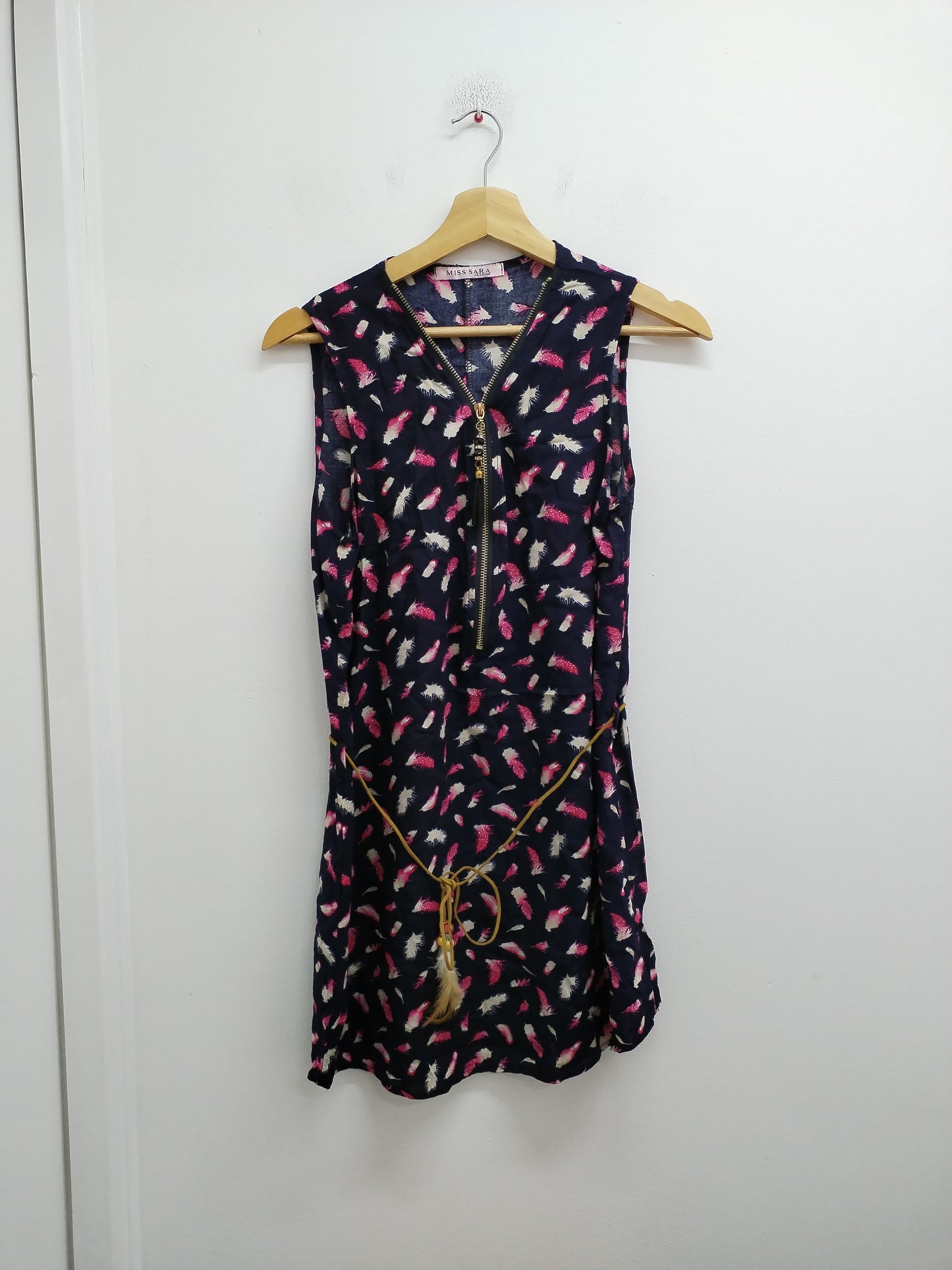Robe tunique sans manches Miss Sara marine à motifs "plumes" Taille M