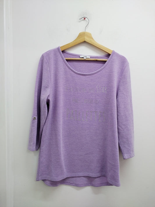 Pull fin manches 3/4 La Halle lilas avec impression Taille L
