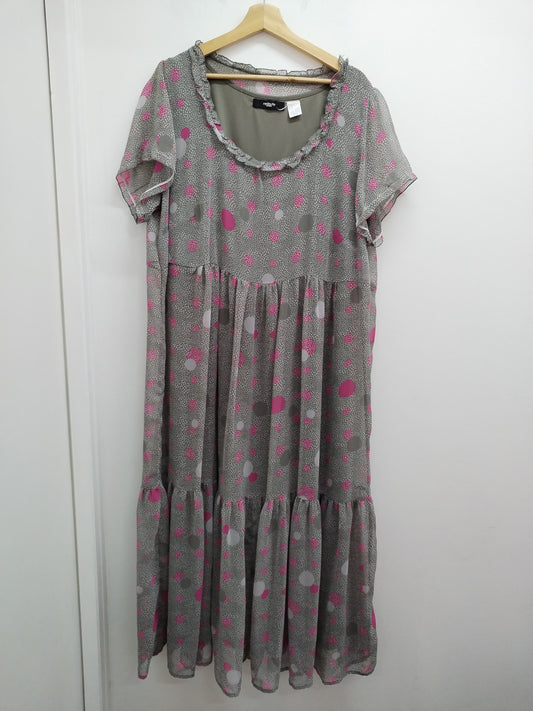 Robe longue manches courtes La Redoute grise et rose à pois Taille 54