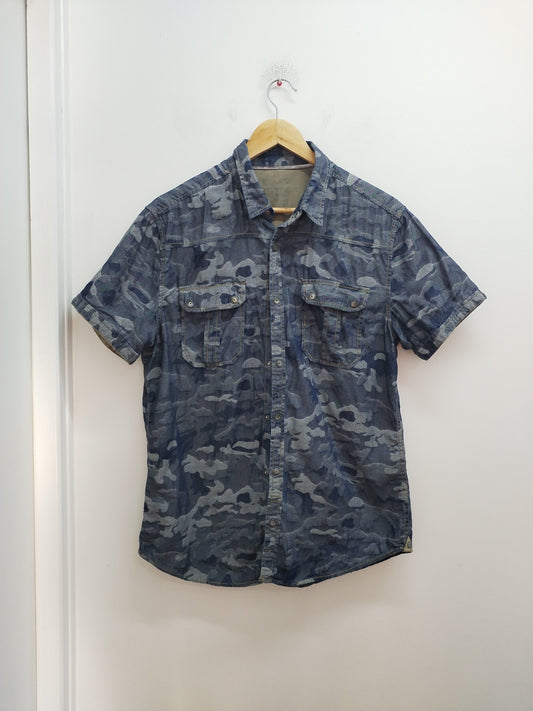 Chemise manches courtes en jeans Bonobo bleue imprimée camouflage Taille L