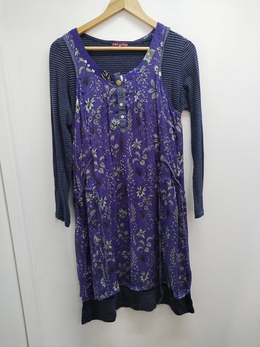 Robe manches longues 2en1 One Step bleue rayée et fleurie Taille M