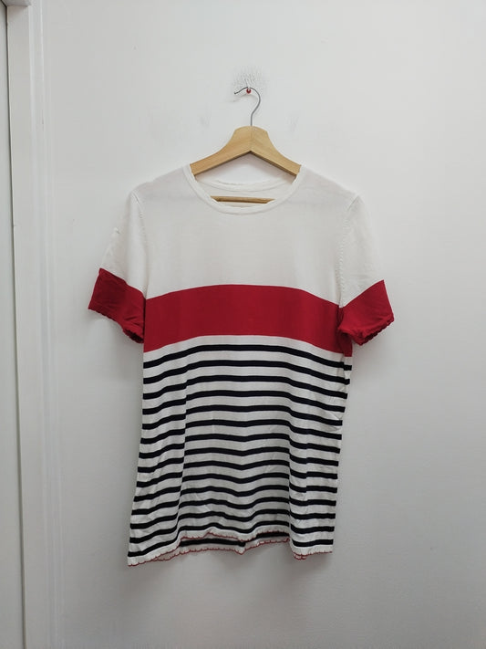 Pull fin manches courtes rouge, blanc et marine rayé Taille L