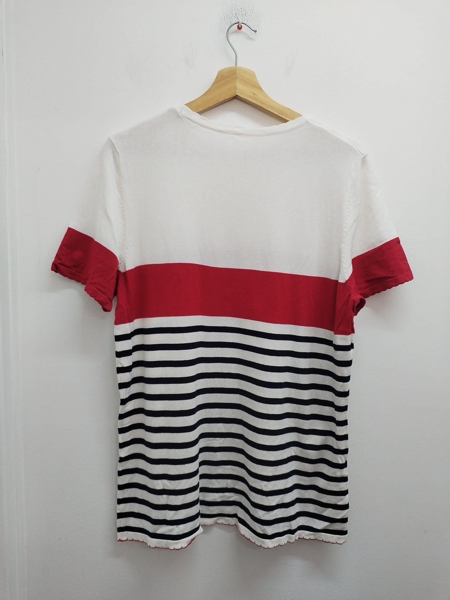 Pull fin manches courtes rouge, blanc et marine rayé Taille L