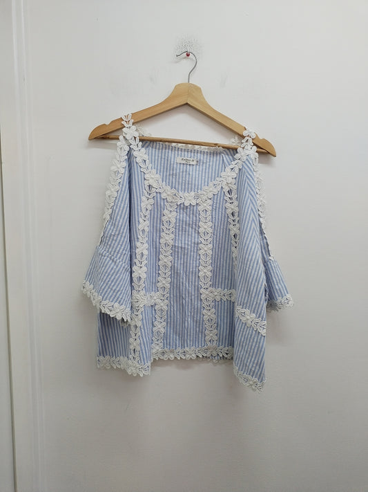 Tunique manches courtes Esther.H bleue et blanche rayée avec dentelle Taille S