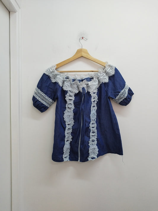 Tunique manches courtes MC Lorene bleue jeans et blanche avec dentelle Taille S/M