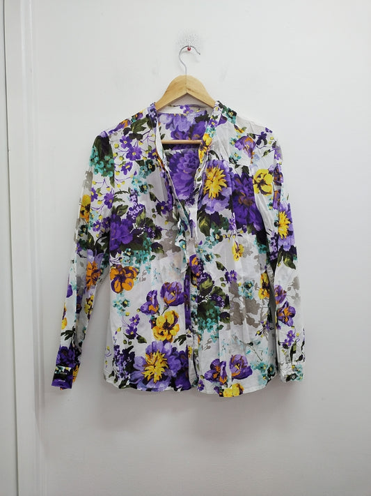 Chemise manches longues blanche à motifs fleuris multicolores Taille L