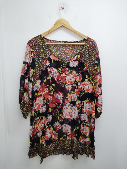 Robe tunique en voile manches 3/4 noire fleurie multicolore Taille L