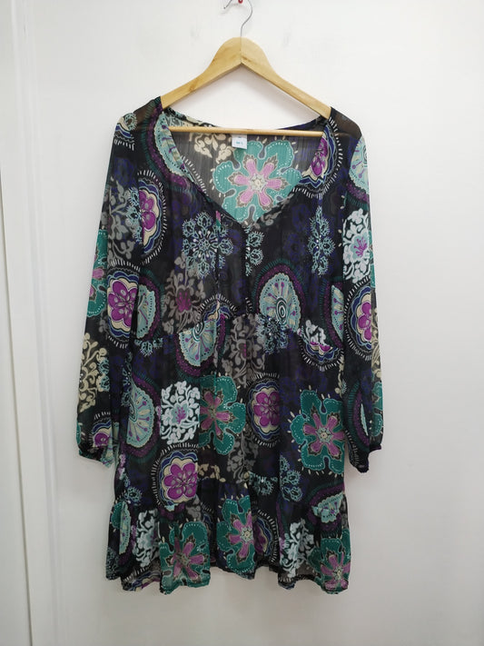 Robe manches longues en voile M&S Mode noire à motifs multicolores Taille 48