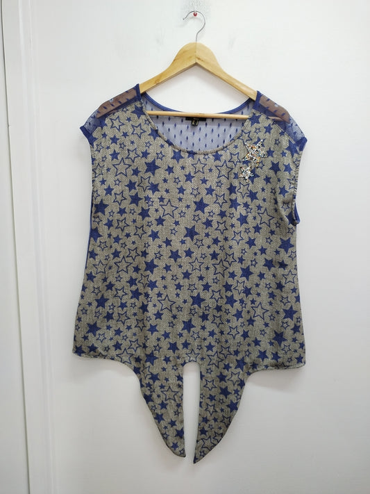 Tunique manches courtes à nouer October bleue et beige avec étoiles Taille M
